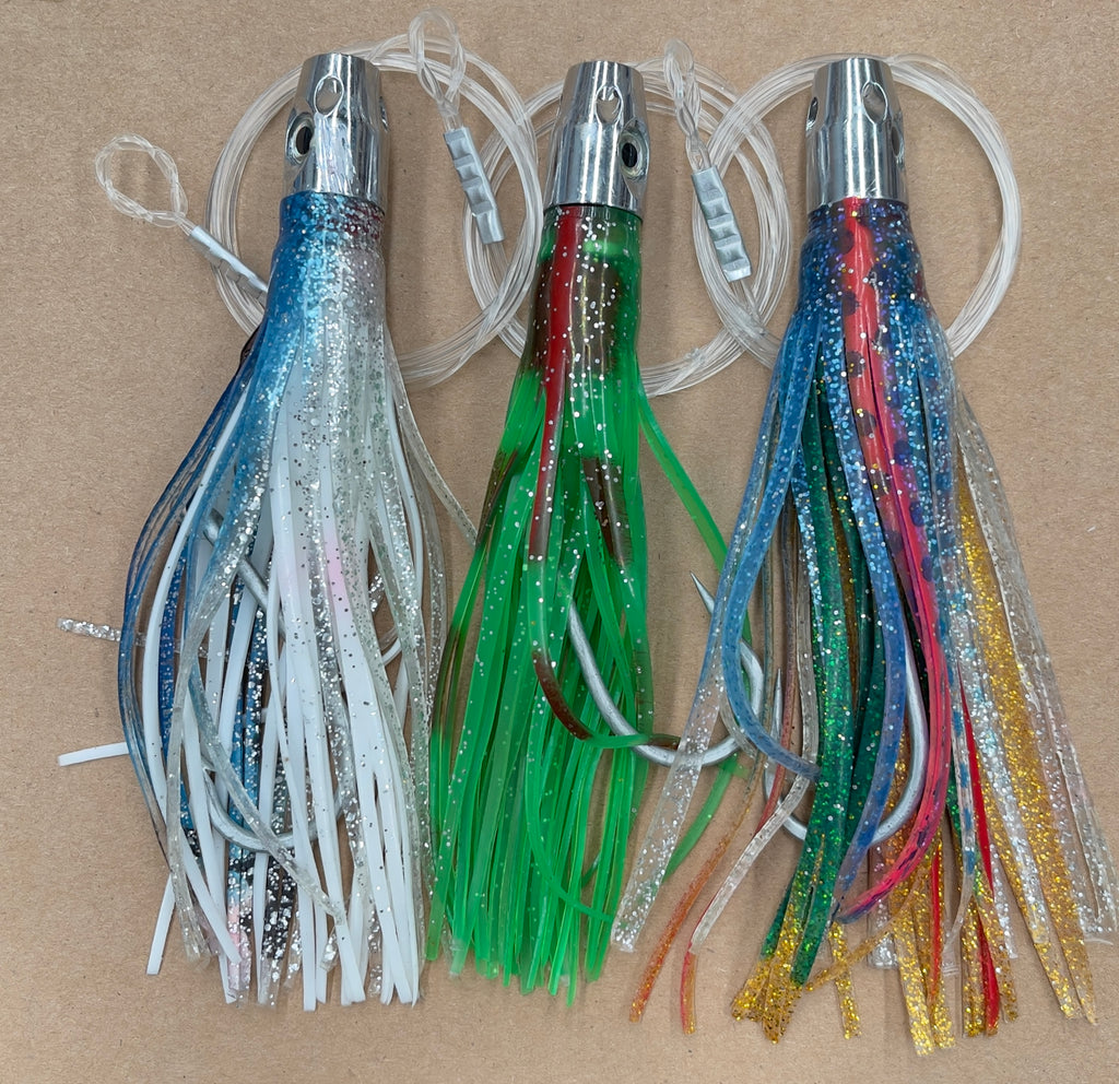 Jet Head Rigged skirts 3 colours, 150lb premium mono leader, 6/0 PS steel  hook