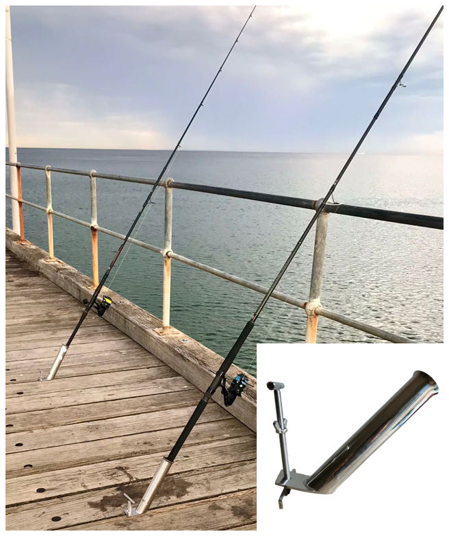 Pier Fishing Rod And Tackle Metal Stand Rod Holder Stock Photo