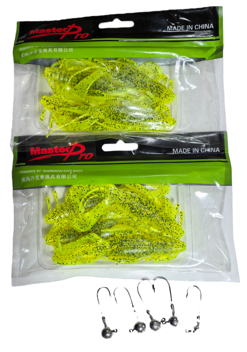 MasterPro Craw Blaster 12cm / 10g Soft Plastic Lure – Chartreuse Black Flake (2 Bags, 8pcs + 5 Jigheads) - Bait Tackle Direct