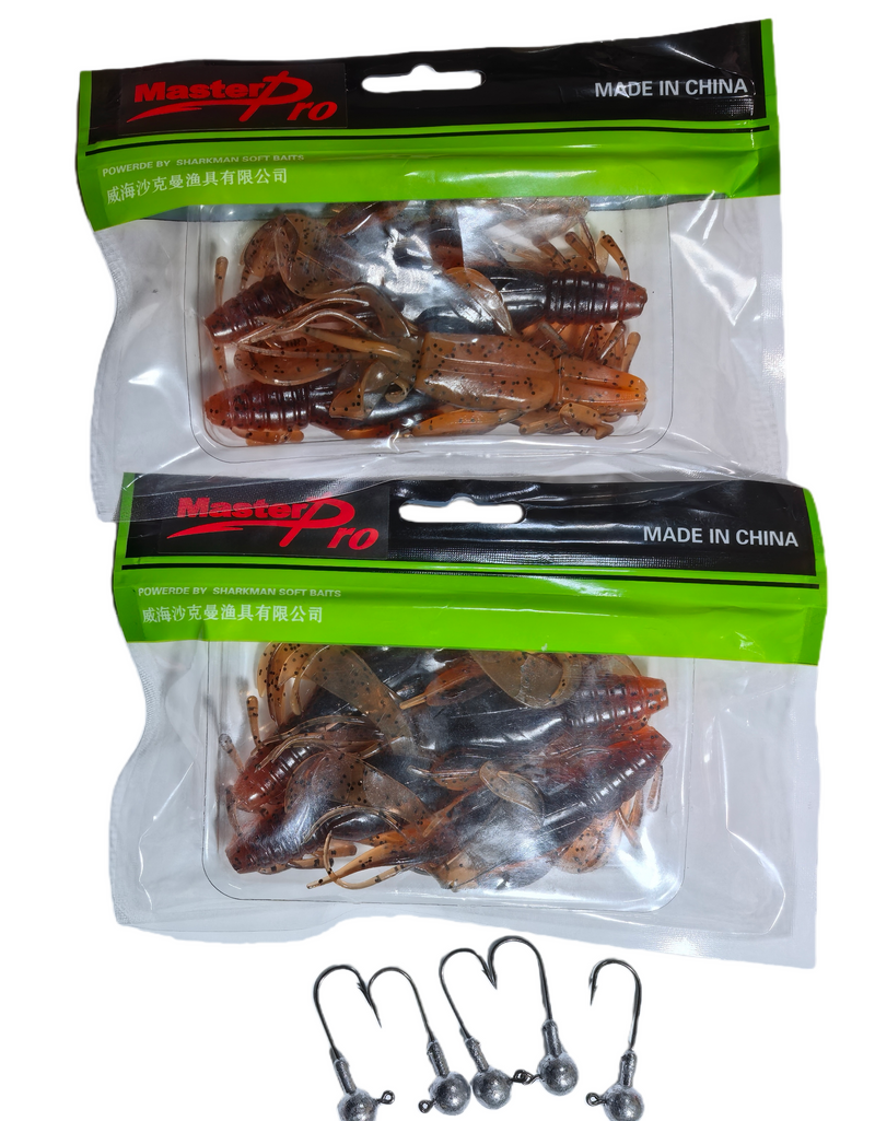 MasterPro Craw Blaster 12 cm / 10 g Soft Plastic Lure – Brown Craw Black Flake (2 Bags, 8 pcs + 5 Jigheads) - Bait Tackle Direct