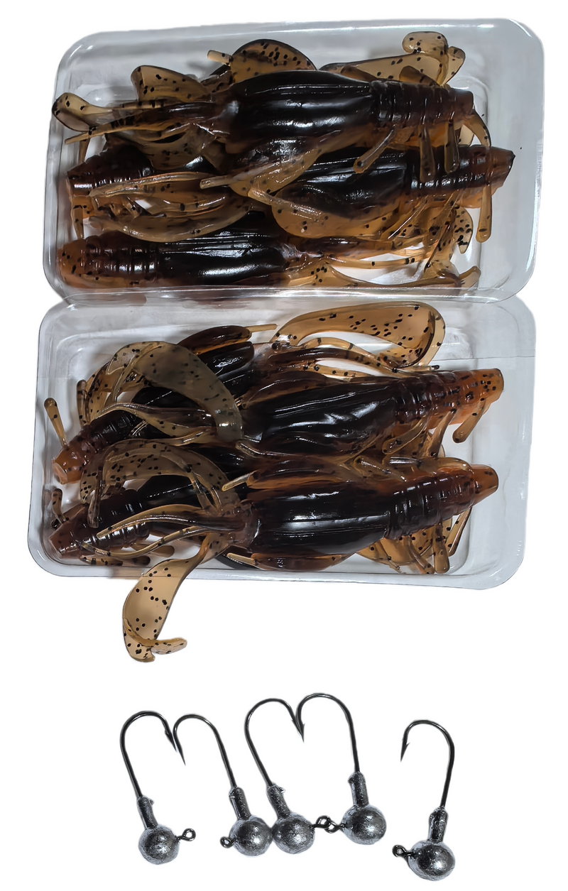 MasterPro Craw Blaster 12 cm / 10 g Soft Plastic Lure – Brown Craw Black Flake (2 Bags, 8 pcs + 5 Jigheads) - Bait Tackle Direct