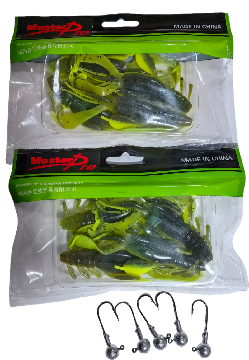 MasterPro Craw Blaster 12cm / 10g Soft Plastic Lure – Green Pumpkin Black Flake (2 Bags, 8pcs + 5 Jigheads) - Bait Tackle Direct