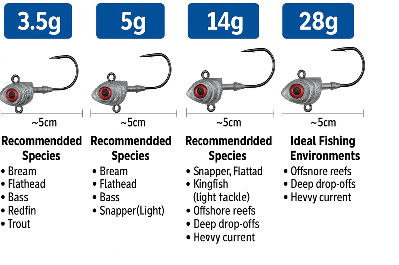 MasterPro Fish-Shaped Jigheads with 3D Eyes are built to perform in Australian waters, offering a full range of weights to suit everything from finesse estuary fishing to heavy offshore jigging. - Bait Tackle Direct