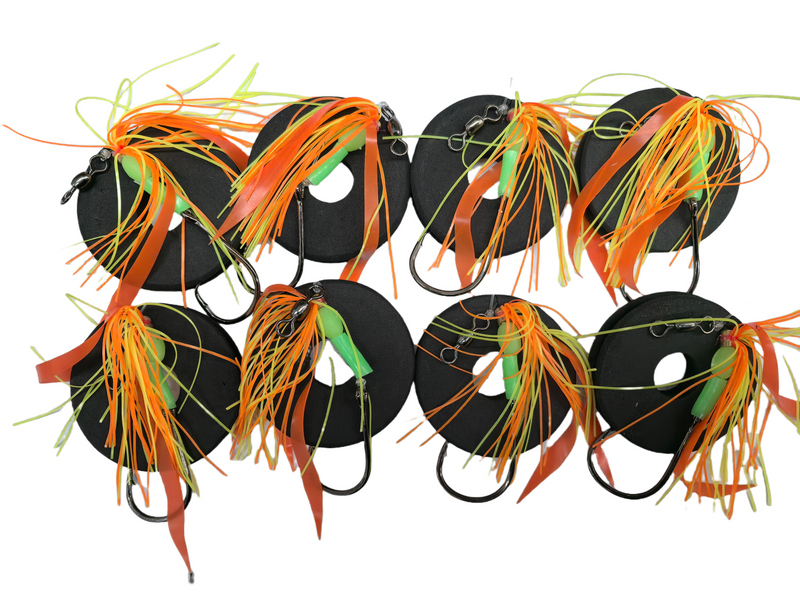 MASTERPRO 8pcs Sliding Skirt Fishing Rigs – Orange Skirt with 4/0 Inline Circle Hook & 40lb Leader