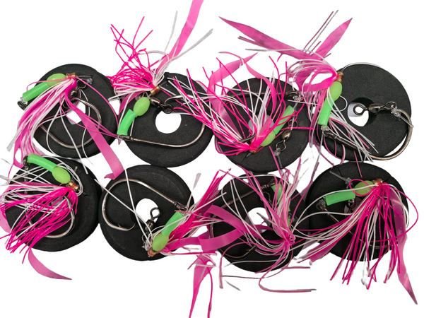 MASTERPRO 8pcs Sliding Skirt Fishing Rigs – Pink Skirt with 4/0 Inline Circle Hook & 40lb Leader