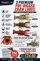 MASTERPRO 9cm Pre-Rigged Hollow Craw Lures | Realistic Egged Design | 3 Pack + FREE Tackle Box