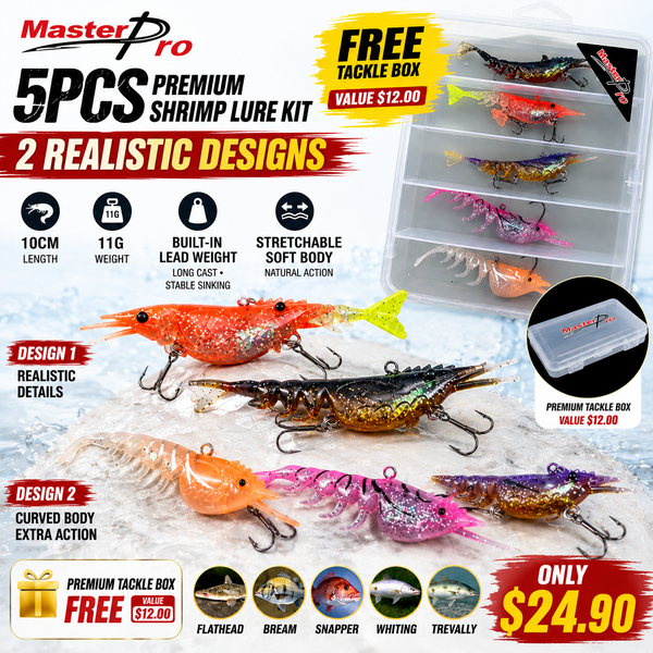 MASTERPRO 5PCS Premium Articulated Shrimp Lure Kit – 2 Realistic Designs + FREE Tackle Box | 10cm | 11g