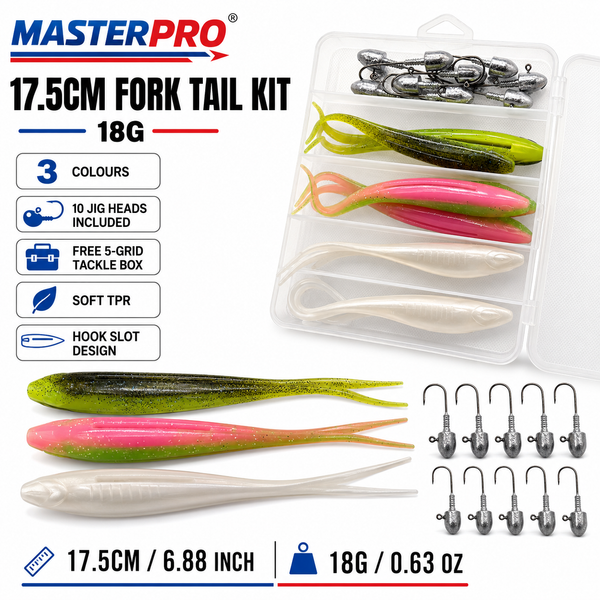 MASTERPRO® 17.5cm Fork Tail Soft Plastic Fishing Kit – 10 Jig Heads + FREE Tackle Box