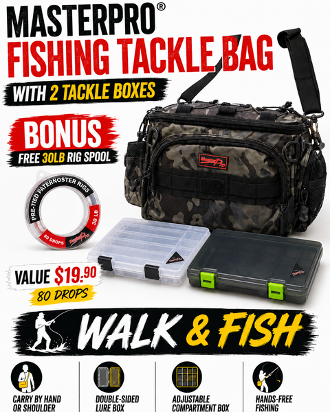 MASTERPRO® Fishing Tackle Bag with 2 Tackle Boxes + FREE 30LB Rig Spool