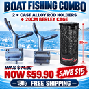 Boat Fishing Combo – 2 Cast Alloy Rail-Mount Rod Holders + 20cm Berley Cage