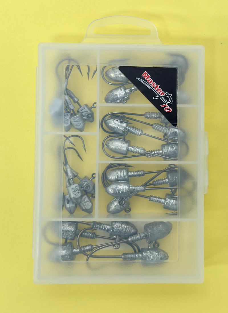 MasterPro Fishing Flathead Jig Head Kit – 30pcs Assorted Ball, Chisel & Round Heads for Soft Plastics Tackle Hooks (A))