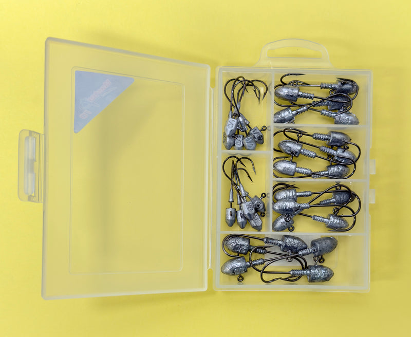 MasterPro Fishing Flathead Jig Head Kit – 30pcs Assorted Ball, Chisel & Round Heads for Soft Plastics Tackle Hooks (A))