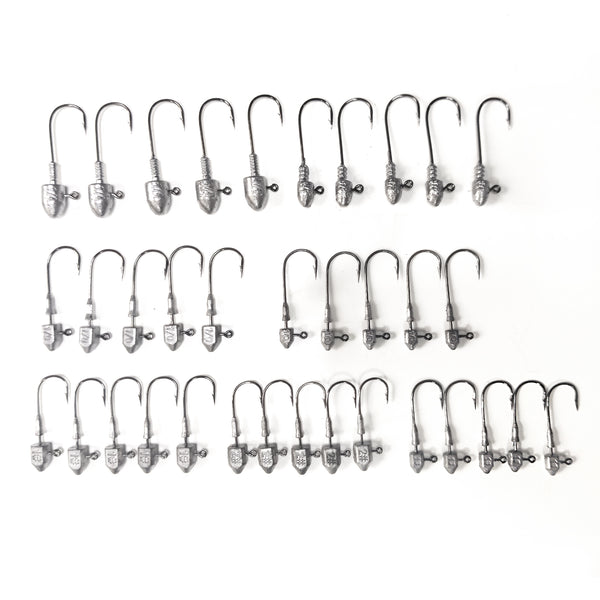 MasterPro River & Estuary Jig Head Kit – 35pcs Ball & Chisel Point Jigheads, 1/16oz–1/4oz, Hook Sizes #2 to 2/0 | Soft Plastic Lure Heads for Flathead, Bream & Perch