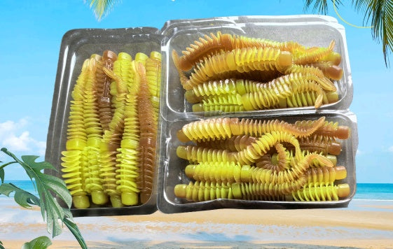 MASTERPRO Fishing Floating Ribbed Worm Lures 8.5cm – Orange Yellow | 30 Pack TPE Soft Material | Floating Design | Strong Scent Bonus Tackle Hook - Bait Tackle Direct