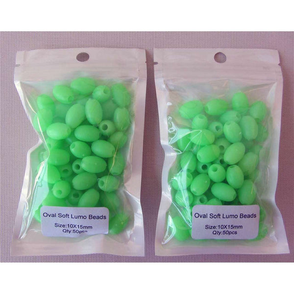 100 x Fishing Lumo Soft Glow Beads Green Oval Size 10 X 15mm Fishing Tackle - Bait Tackle Direct