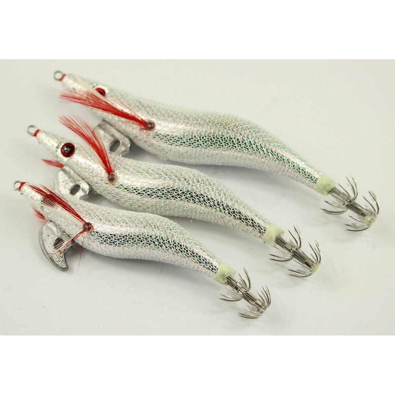 3 X Fishing Squid Jig In 3 Different Size Flash Silve Colour Tackle Lure Special - Bait Tackle Direct