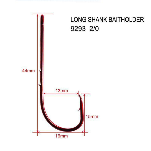 100X High Quality Long Shank Baitholder Fishing Hooks RED Size 2/0,FishingTackle - Bait Tackle Direct