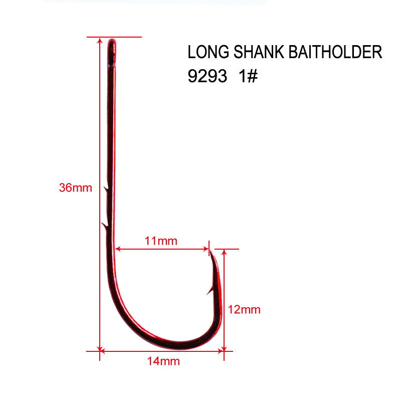 500X Long Shank Baitholder Hooks RED Size 1
