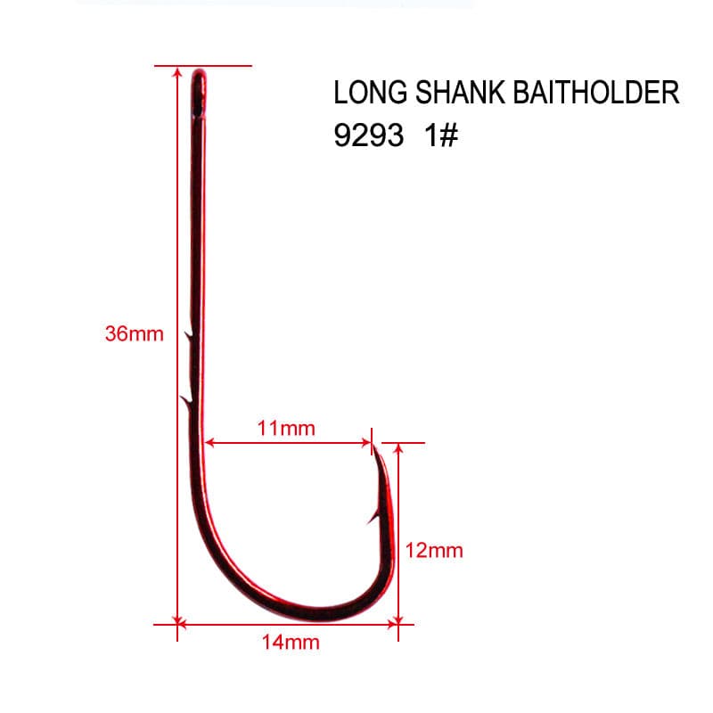 100X High Quality Long Shank Baitholder Hooks RED Size 1