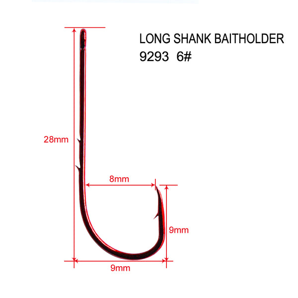 100X High Quality Long Shank Baitholder Hooks RED Size 6# - Bait Tackle Direct