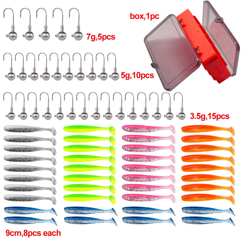 30pcs of 3 sizes of Jig Heads, 40pcs of 5colours of Paddle Tails 9cm With double side soft plastic box B - Bait Tackle Direct