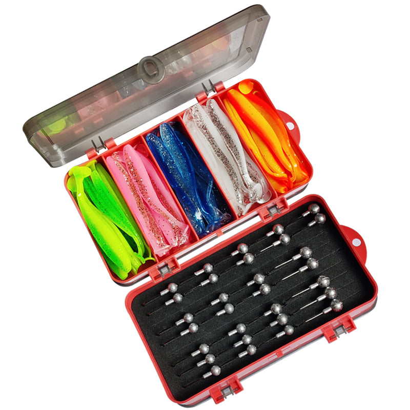 30pcs of 3 sizes of Jig Heads, 40pcs of 5colours of Paddle Tails 9cm With double side soft plastic box B - Bait Tackle Direct