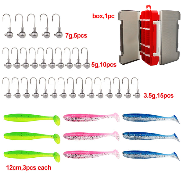 30pcs of 3 sizes of Jig Heads, 9pcs of 3 colours of Larger Paddle Tails 12cm with double side soft plastic box A - Bait Tackle Direct