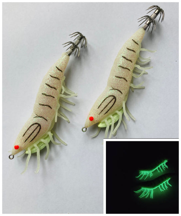 2 x Shrimp Fishing Lures Luminous Leg Squid Jigs 3.5 White - Bait Tackle Direct