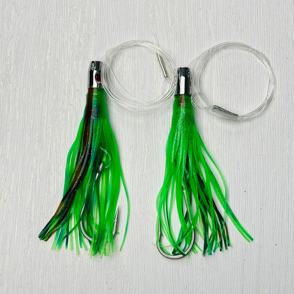 2pcs Jet Head Rigged skirts 150lb premium mono leader, 6/0 PS steel hook Green - Bait Tackle Direct