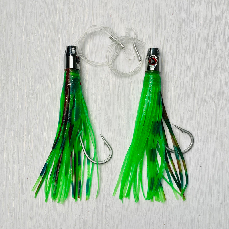 2pcs Jet Head Rigged skirts 150lb premium mono leader, 6/0 PS steel hook Green - Bait Tackle Direct
