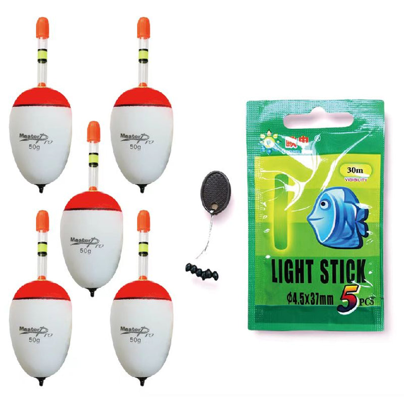 Masterpro 5 x Foam Floats with inbuilt glow stick holder Free float stoppers/50g - Bait Tackle Direct