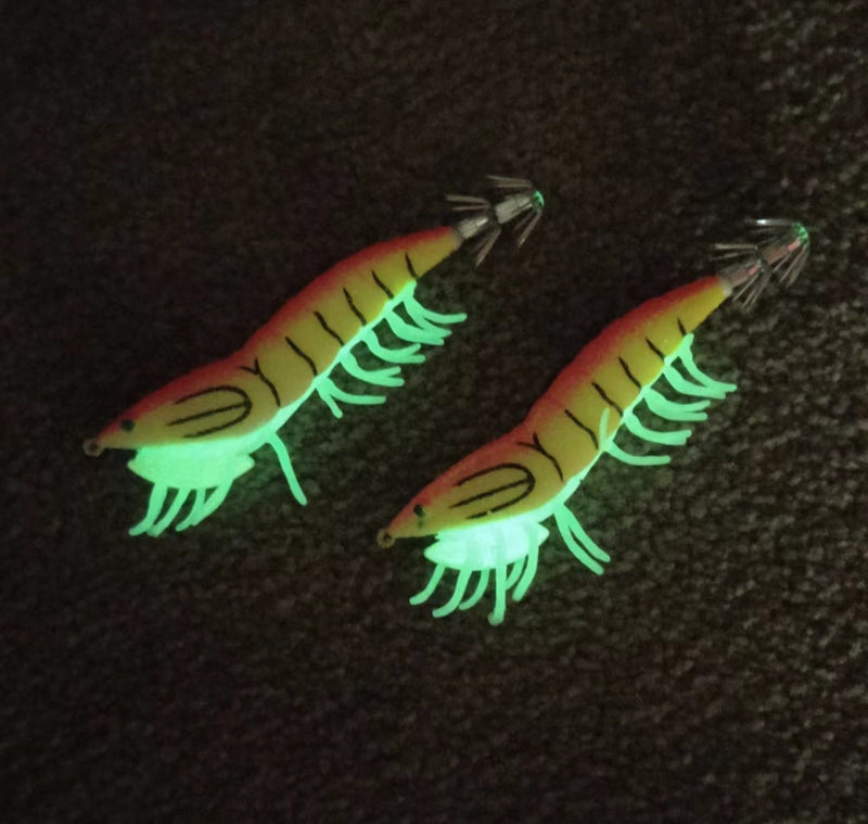 2 x Shrimp Fishing Lures Luminous Leg Squid Jigs 3.5 Orange - Bait Tackle Direct